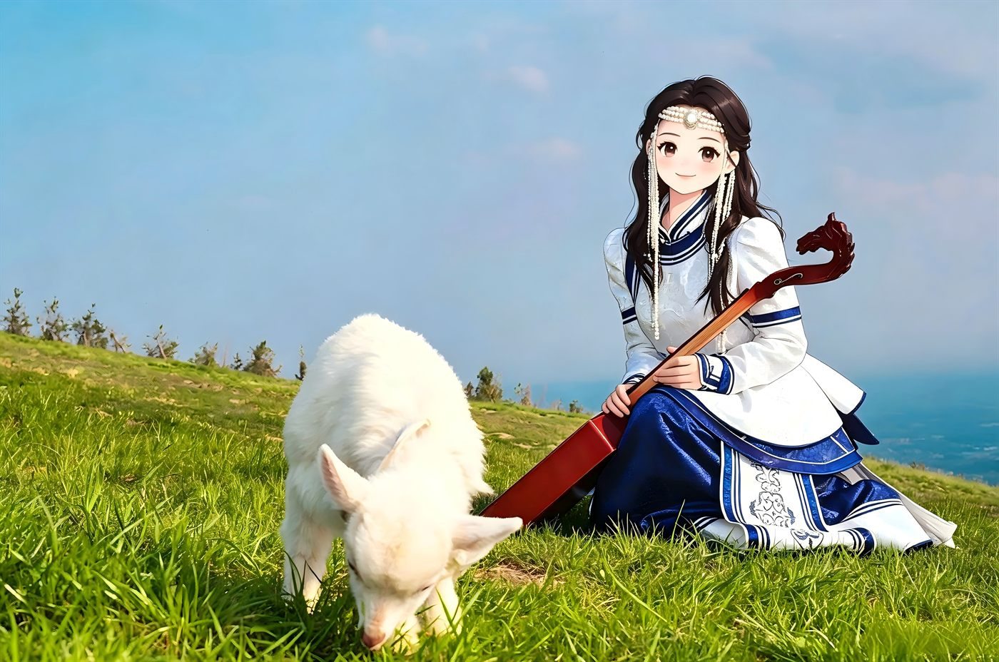 卡通小女孩与宠物羊草地互动